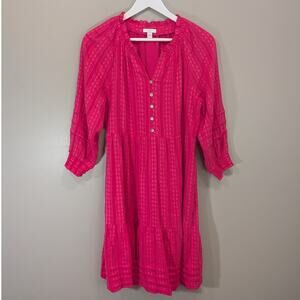 J.Jill Tiered Dress Bright Fuchsia Pink Cottage Boho Lagenlook Breezy Size S